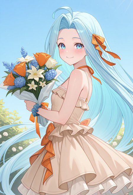 blush, smile, looking at viewer, holding bouquet, from side, garden, blue sky, gbfluria, light blue hair, very long hair, ahoge, blue eyes, lyrpti, hair ribbon, beige dress, layered dress, orange ribbon, dress bow, sleeveless, <lora:_lyria-elesico-ilxlC:1> highres, best quality, masterpiece,
1girl, solo,