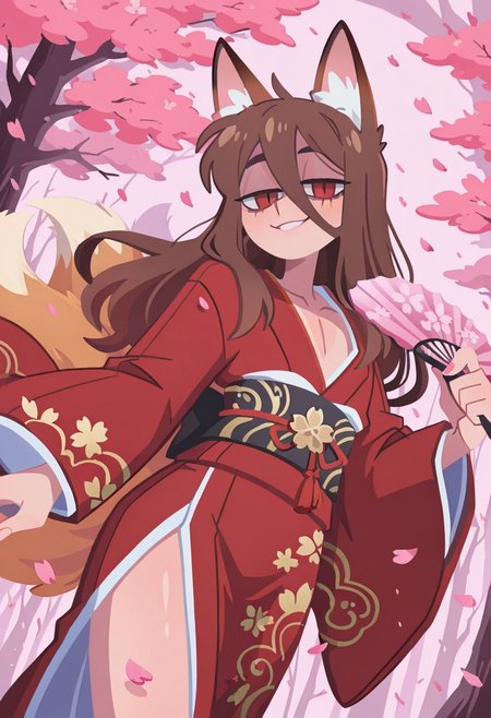 Sfw,  highest quality, masterpiece, intricate details, highly detailed, deep red drapped kimono with gold embroidery, embroided kimono, japanese fan, dutch angle, cowboy shot, dynamic shot, dynamic pose, 1 boy, solo, otoko no ko, flat chest, pectorals,  brown fox ears, long hair, long bangs, brown hair, fox tail, nine tails, masculine eyes, masculine face:0.8, average physique, tall, yandere, smirk, chiaroscuro, very awa, t4kar4i_illu, no_outlines,no lineart, vanripper:0.2, cherry blossom, petals, pink atmosphere