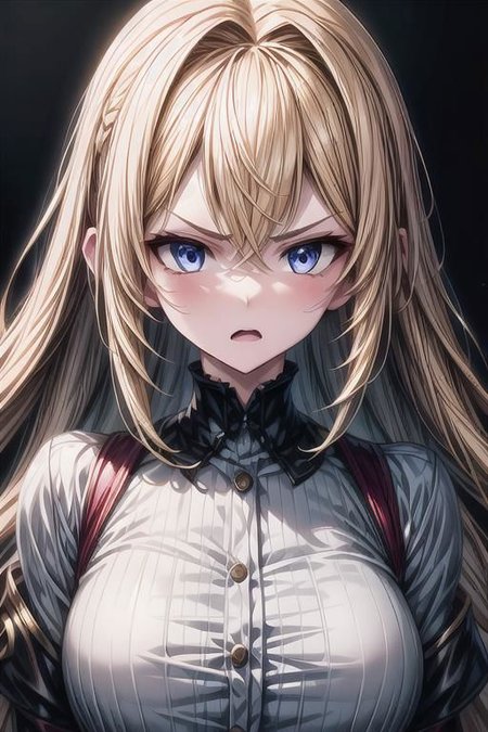 (masterpiece),
Luna,
1girl, blonde, floating hair,
white shirt,
 upper body shot, 
 HDR, highly detailed, 32k,
 black background, anger mood, 
perfect face feature,