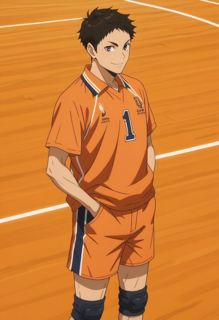 score_9, score_8_up, score_7_up, source_anime, rating_safe, Daikyu, 1boy, male focus, anime screencap, orange Karasuno shirt, orange Karasuno shorts, black knee pads, hands in pocket, smile, standing-posing, cut off legs,
