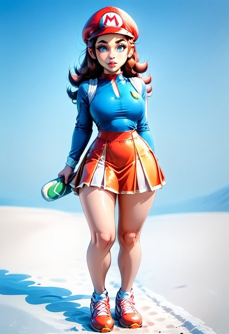 <lora:MtF_Genderswap:1>, genderswap \(mtf\), Mario, facing forward, adult woman, extremely large nose, extremely bulbous nose, very wide face, circular head shape, wide chin, wide jawline, brown hair, lightly curly hair, blue eyes, average bust, wide hips, red and blue clothes, tennis uniform, two-tone skirt, fully clothed, zPDXL, score_9, score_8_up, score_7_up, score_6_up, score_5_up, score_4_up,
full body render, full body, photorealistic image, realistic image, high quality, detailed face, realistic human proportions, detailed clothes, even lighting, no aura, no glow,