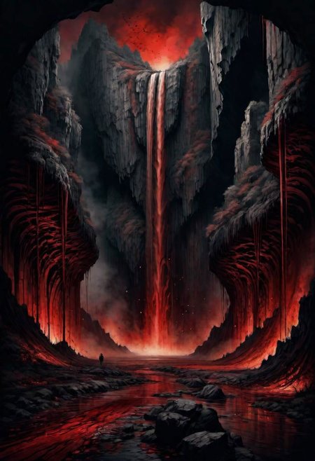 a landscape of a waterfall of ((blood)),
 masterpiece, highly detailed,
EdobHorrorLandscape,
horror, dark,