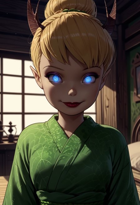 zPDXL3, score_9_up, score_8_up, score_7_up, (Anime_source), 1girl, standing, looking at viewer, Tinkerbell, fairy, pointy ears, blonde hair, blue eyes, lipstick, buttom eyes, eyeshadow, closed mouth, seductive smile, lusty face, Kimono, green Kimono, flowery dress, slit pupils, white pale skin, small black demon horns, pointy ears, glowing eyes, sinozick style, flat color, dark theme, background, interior, bedroom