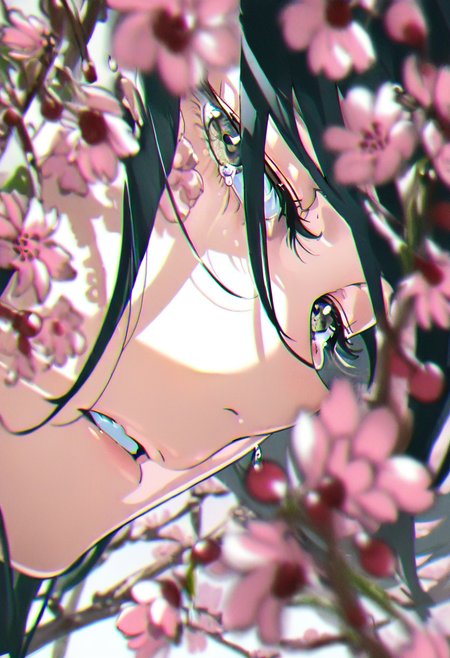 solo, 1girl, blurry, tears, flower, blurry foreground, parted lips, crying, depth of field, portrait, crying with eyes open, close-up, cherry blossoms, looking at viewer, pink flower, branch, bangs, eyelashes <lora:yoneyamaiXL_NBVP1_lokr_V6311P:0.95>