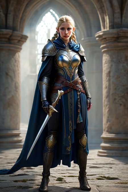 RAW photo, masterpiece, subsurface scattering, heavy shadow, high quality, intricate, high detail, professional photography, HDR, High Dynamic Range, realistic, ultra realistic, photorealistic, high resolution, film photography, ambient lighting, atmospheric effects, <lora:detail_slider_v4>, OverallDetail,  <lora:FemaleWarrior:0.65>,1girl, armor, belt, blonde hair, blue eyes, blurry, blurry background, boots, braid, breastplate, cape, castle, cloak, earrings, elf, femwa, gauntlets, gloves, holding, holding sword, holding weapon, jewelry, lips, long hair, looking at viewer, medium breasts, pauldrons, pillar, shoulder armor, solo, standing, sword, weapon