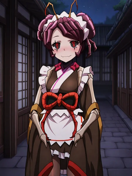 (masterpiece, best quality, high quality:1.2), anime screenshot, detailed hands,character focus, detailed skins, perfect curvy small breasts, body blush, cinematic shadow, character focus, cowboy shot,  ultra detailed background,   <lora:DetailedEyes_V3:1> , <lora:StS_PonyXL_Detail_Slider_v1.4_iteration_3:4>,     <lora:entoma:1>,entoma, monster girl, arthropod girl,skin fangs, purple hair, double bun, antennae, colored sclera, black sclera, symbol-shaped pupils, red pupils,  entomadress,japanese clothes, maid headdress,ofuda on clothes, bow,frills, brown kimono, sleeves past fingers, wide sleeves, sash, obi, white apron, brown pantyhose, ,solo,