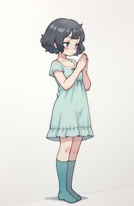 1girl, solo, <lora:qtkat:0.9> qtkat, traditional media, watercolor \(medium\), 
<lora:p5kawakami-ill:0.5> p5kawakami, black hair, short hair, aqua nightgown, aqua over-kneehighs, no shoes, standing, graceful stance, serene eyes, delicate blush, romantic, extremely detailed, highres, masterpiece, best quality