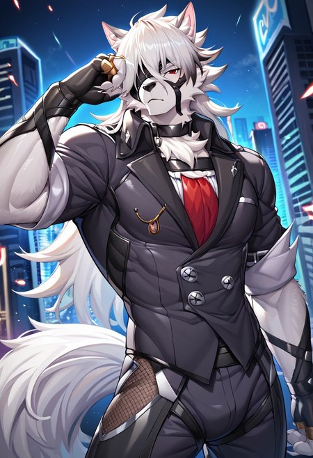 score_9, score_8_up, score_7_up, male, solo, von lycaon, long hair, wolf anthro, white fur, eye patch, red eyes, tail, one eye covered, taimanin suits2.0, finger claws, fingerless gloves, pose, detailed background, city at night