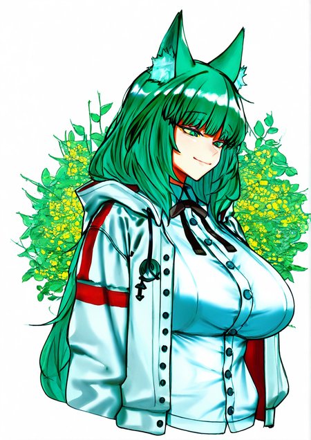 <lora:hiuh:1>,1girl, harmonie (arknights), detailed background, huge breasts, wide hips, , animal ear fluff, animal ears, black bow, bow, closed mouth, collared shirt, cropped torso, drawstring, dress shirt, green eyes, green hair, jacket, open clothes, open jacket, shirt, smile, solo, upper body, white jacket, white shirt, 
very awa, masterpiece, best quality, highres, absurdes,amazing quality,