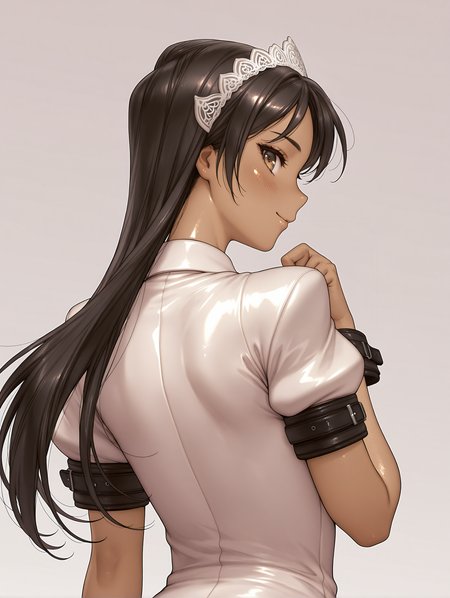 masterpiece,best quality,newest,1girl,solo,
<lora:Ayabe_Lilyna_ilxl_v1.3:1>,Lilyna,headdress,long hair,black hair,brown eyes,dark-skinned female,shiny skin,L_clothes,wrist cuffs,impossible dress,short_sleeves,
<lora:Fixhands_anime_bdsqlsz_V1:1>,dynamic_angle,cinematic_angle,looking_at_viewer,white_background,simple_background,face_focus,upper_body,light_blush,from behind,looking_back,profile,smile,