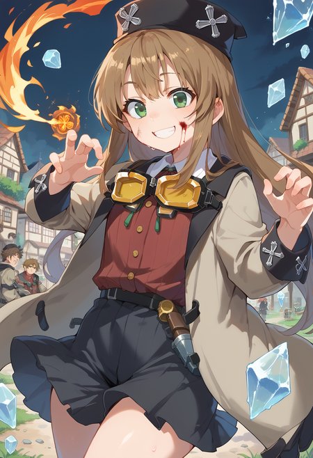 score_9, score_8_up, score_7_up, source anime, el mofus, long hair, green eyes, brown hair, red shirt, black headwear, black pleated skirt, belt, goggles around neck, brown coat, sweat, smile, magic, ice, fire, blood on face, dark sky, town, grasslands