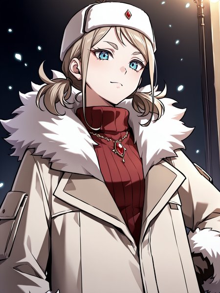 <lora:Omniscient_Readers_Viewpoint__Iris_Vladimirovna_Rebezova:1>
1girl, solo, light brown hair, short twintails, side hair strands, blue eyes, ushanka, 
beige winter coat, fur-trimmed coat, red turtleneck sweater, patterned tights, fur boots, thick gloves, white fur, winter hat, white hat with red gem, long sleeves, layered clothing, 
score_9, score_8_up, score_7_up, score_6_up, source_anime, rating_explicit, masterpiece, best quality, intricate details, gothic fantasy, upper body portrait, dramatic pose, confident gaze, cinematic lighting, clean background, glowing magical particles, detailed face, vibrant colors