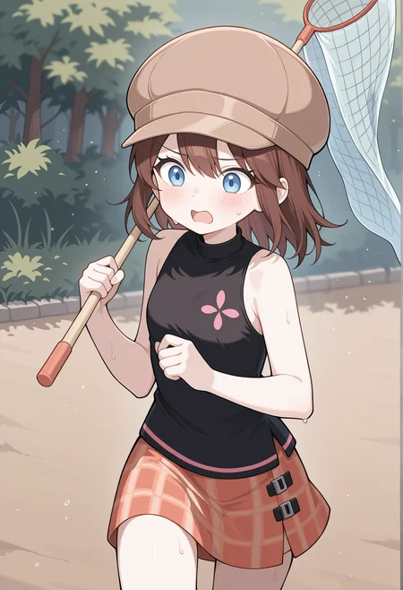 1girl, solo, brown hair, short hair, blue eyes, brown cap, black shirt, sleeveless, checkered skirt, wristband, running, sweat, cowboy shot, holding butterfly net, tired, XD, <lora:helga_saru_getchu:1>, masterpiece, best quality, amazing quality, very aesthetic, absurdres, highres, newest