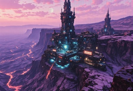 OBxiaoxiang, CAICO, inksketch purple and gray theme, Abstract digital painting in the style of ck-js, detailed photorealistic image, a sci-fi Piratebase of colossal buildings and towers in a barren lavender lush landscape, looking like an Pirate Outpost perched at the Cliff, of a volcanic cliff, its sleek towers a stark contrast to the cliffs surrounding it. The planet’s sun casts a vivid, cyan surreal light across the station, while deep fissures reveal glowing rivers of molten pink lava far below. The sky is a surreal shade of black and purple, dark glowing diodes and lights ((dark glowing diodes, lights and neon signs), Reaper Syndicate written on the neon signs), attached to the building is a landing field with 3  Spaceships landed on it, Dragonkin like creatures are around fixing some spaceships, two moons hanging low in the horizon, each reflecting light off the surface, large depth of field. The sky is a dark pink, with 2 broken soft blue moon hanging low in the horizon <lora:more_details>
realistic, detailed background, shaded, detailed, hi res, realistic, photography \(artwork\), (by kenket), by ross tran, by michael & inessa garmash, by pino daeni, by isvoc, by kiguri, by alena aenami, by ruan jia, (by zenthetiger, by wolfy-nail), by Enki Bilal, by drmax, photorealism, <lora:add_detail:1.3