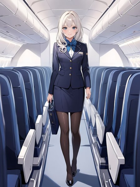 masterpiece,ultra-detailed,best quality,8K,illustration,cute face,clean skin ,shiny hair,girl,ultra-detailed-eyes,simple background, <lora:add-detail-xl:1> <lora:flight attendant_XL_V1.0:1> flight attendant, pantyhose