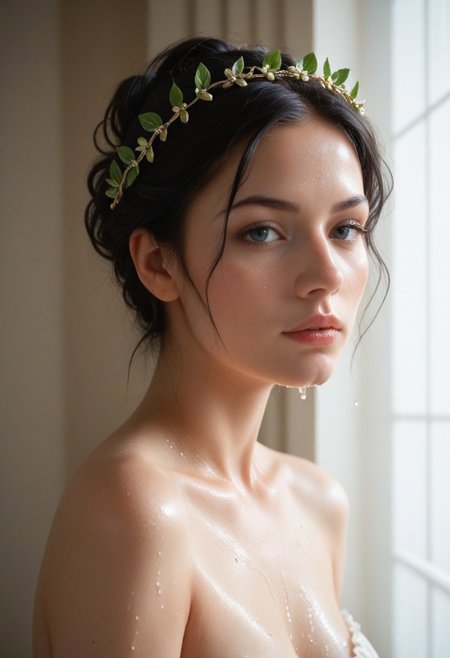 beautiful, masterpiece, ((score_9), score_8_up, score_7_up), score_6_up, royal, laurel wreath, black hair, tied hair, short hair, , soul tide, wet, kiaji, 
volumatric lighting, in a palace, bright lighting, 
expressiveH