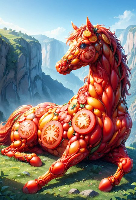 A lying horse, mobe-tomamph,  like a pixar movie close-up shot, outdoor, cliff, masterpiece, absurdres, vibrant, dynamic angle, dynamic pose,  <lora:T0m4t0M0rph-V1:1>,