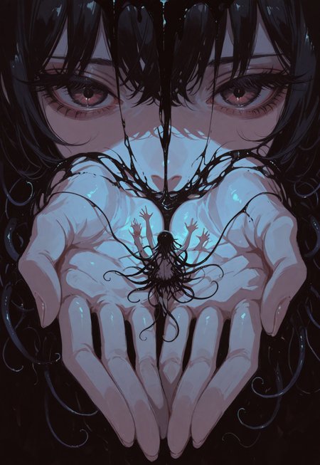 score_9, score_8_up, score_7_up, masterpiece, best quality, very aesthetic, (dynamic:1.1), (extreme close up:1.1), (eye:1.1), pupil, void, dark, illustration, reaching hands, fingers, eyelashes, come to life, horror, many hands, black liquid, tendrils, falling person, miniature, 