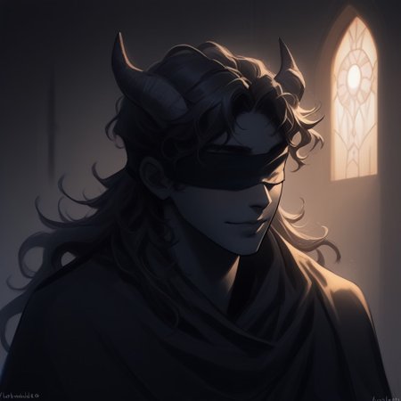 Score_9, Score_8_up, Score_7_up, (masterpiece), best quality, blindfolded, perfect face, perfect anatomy, portrait, Tiefling, pointed ears, horns, short horns, tail, tail up, black skin, handsome young man, young adult, slim, black hair, wavy hair, wavy, volumize hair, semi long hair length, black clothing, sorcerer cloak, romantic perspective, smiling, nervous, beautiful perspective. sorcerer robes, indoors of a magical tavern, warm lighting in the background, soft lighting, crow feathers falling in the background, shoulder length hair, short hairstyle