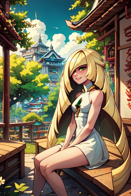 score_9, score_8_up, score_8, medium breasts, (curvy), cute, eyelashes,       ,,, , ,,, zzLusamine, green eyes, hair over one eye, blonde hair, long hair, very long hair, white dress, sleeveless dress, bare arms, bare shoulders, diamond (shape), green gemstone,  <lora:Lusamine_Pokemon_PDXL:1.0>,  ,,,, BREAK, sitting on bench, side view, smile, looking at viewer, cowboy shot,  ,,, BREAK, pnkBldng, sky, day, cloud, tree, blue sky, building, architecture, east asian architecture,  ,,, BREAK, embedding:zPDXL, Expressiveh,  ,,, <lora:PinkBuildingsPDXL_v2:0.6>, <lora:SDXLFaeTastic2400:0.5>, <lora:Expressive_H-000001:0.4>