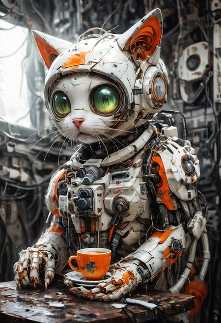 (Robot)
photo-realistic,
higly-detailed,
cat wearing a futuristic space suit,
serious expresssion
a orange and white kitty sipping a mug of hot coffee holding it with it's two front paws,
lapping up the coffee as if it were drinking water,
light green eyes,