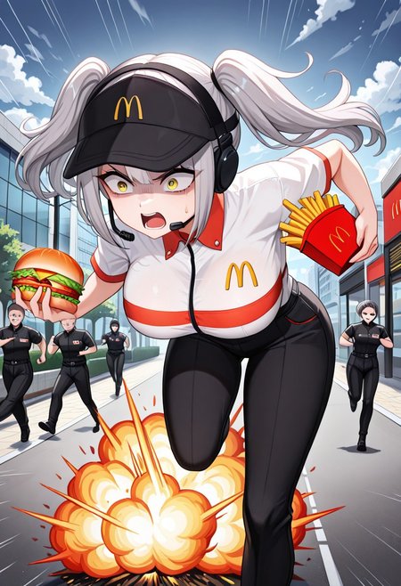 masterpiece, best quality,
belorta, twintails, short hair, gray hair, big breast, yellow eyes, shaded face, scared, 
mac, McDonald's uniform, black uniform, black hat, headset, holding hamburgers, angry mob, running, explosion in background, building on fire, fighter plane in background, cloudy skies, motion blur, dynamic pose, running pose, holding french fries, black pants, looking behind, speed lines,