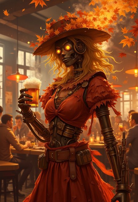 Female mecha scarecrow, digital art with strong autumn colors, a scarecrow made of steampunk parts, steam and smoke rises from its body, wearing a Hooters outfit, in a hooters restaurant, holding beer,