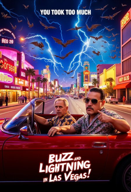 Movie poster, title text "Buzz and Lightning in Las Vegas". subtitle "You took too much" Bulky mexican guy drives a red convertible through a nightmarish Vegas strip, aviators reflecting distorted neon lights. Bats swarm the desert sky while the casinos in the background melt like a Salvador Dali painting. His attorney slick european Dr. Gonzo, wearing yellow glasses and hawai shirt, lounges in the passenger seat surrounded by scattered pills and cigarette smoke. The city's lights blur into streaks of color, suggesting a drug-induced frenzy.