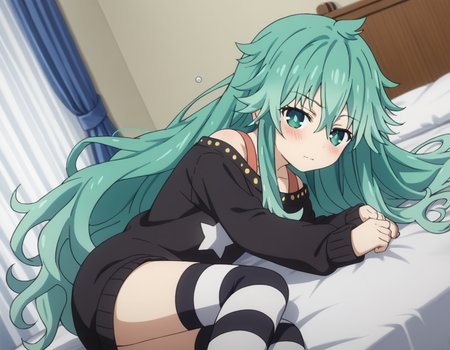 score_9, score_8_up, score_7_up, source_anime,
natsumikyouno,  <lora:natsumi-kyouno-s4s5-ponyxl-lora-nochekaiser:1>,
natsumi kyouno, long hair, very long hair, green hair, aqua hair, green eyes,
thighhighs, long sleeves, striped, star \(symbol\), sweater, striped thighhighs, star print,
indoors, bed, bed room, on side, blush, drunk,
looking at viewer, solo, cowboy shot, dutch angle,