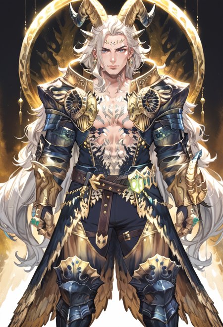 (score_9:0.9),score_8_up,score_7_up,rating_safe,anime style,(zPDXL),<lora:EX Kulve Taroth Alpha male ponyXL v1:0.8>,ex kulve taroth alpha armor,1boy,grey hair,solo,gold horns,very long hair,gold gauntlets,looking at viewer,gold theme,standing,male focus,large pectorals,muscular male,black knee boots,gold pauldrons,mature male,