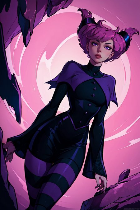 (masterpiece, best quality, absurdres, 4k, aesthetic, detailed, intricate),cinematic angle,cowboy shot,abstract background,1girl,jinx,striped legwear, wide sleeves, short dress, capelet <lora:DC_Jinx-DEF:0.8>