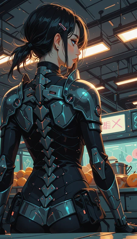 masterpiece, Shinkaistyle,
pinkretroanime, retro art,
Cyberpunk Style, cyberpunk, science fiction, hi tech, future tech, neon, (Cybernetics:1.25), (Neon Cityscape:1), (lineless:1.5), smooth edges, (lighten the face:1.5), tall body, slender body, fit body, long legs, In this digital artwork, we see a scene set in what appears to be a futuristic or otherworldly setting. The central figure is a female character with striking features: short dark hair, a fair complexion, and expressive eyes. She stands prominently in the foreground, facing the viewer directly. Her attire is a mix of modern military gear, with an armor-like bodysuit that includes green and black details, and a matching helmet adorned with what seems to be the emblem of her unit or organization. The character's expression is one of contemplation or focus, perhaps suggesting she is deeply engrossed in thought or observation. Her stance suggests readiness and alertness. Behind her, slightly blurred but still distinctly visible, a background scene unfolds. It appears to be an indoor setting with industrial elements: metal walls, a row of lights along the ceiling, and what looks like a conveyor belt system, hinting at some sort of manufacturing or production facility. There are also shelves stocked with various items, including what could be components or raw materials for whatever is being produced. The color palette of the artwork is dominated by cool tones, with greens, blacks, and grayscale hues providing a stark contrast to the character's attire. The lighting in the scene is soft and diffused, creating an atmosphere that is both mysterious and inviting. There are no visible textures or branding, which keeps the focus entirely on the central figure and her surroundings., 1girl, solo, long hair, breasts, looking at viewer, blush, short hair, bangs, black hair, hair ornament, gloves, jewelry, closed mouth, green eyes, standing, ponytail, ass, sidelocks, earrings, parted lips, food, hairclip, shiny, belt, looking back, indoors, medium hair, from behind, armor, lips, looking to the side, window, bodysuit, profile, fruit, arm support, back, looking away, expressionless, table, shoulder armor, skin tight, low ponytail, short ponytail, shiny clothes, pauldrons, pouch, apple, black bodysuit, stud earrings, shoulder pads, bread, belt pouch, orange \(fruit\), shop, counter, ceiling light, utility belt, melon