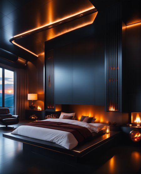 masterpiece, high quality, a  reij-ebsu bed room, sunrise shines, fireplace, retro sci fi steampunk <lora:ebony sunset-000001:1>
