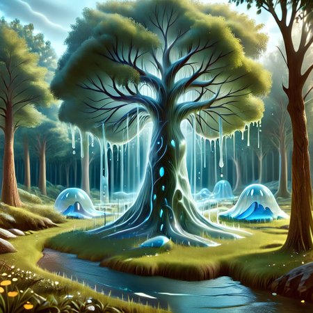 a forest made out of slime, dense-forest, Yggdrasil, a vast tree made out of slime, A large tree made out of slime, brown slime tree, translucent tree, transparent tree, 
everything made of slime, No simple background, ((slime tree)), detailed leaves, detailed bark texture, 
overcast sky, natural light, no bright spots, 
((translucent slime)), ((transparent slime)), (bioluminescent slime), sl1m3, slime, slime-morph, ais-blmn, saturated colors, no creatures, no monsters, no pokemon, scenery only, scenery, ral-lava, watce