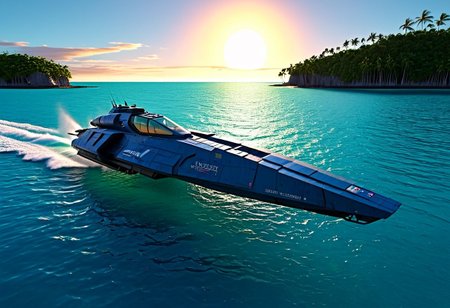 a dark blue (WipEout anti-gravity craft), (split-front:1.3),  flare, that has landed in the waters of a lagoon, floating in the sea, tropical island, blue sky, sunset, sharp, high detailed, realistic, sleek, scifi
