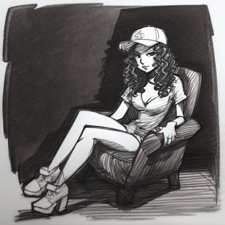 drawix21 girl with long dark curly hair, a gangster in a cap, sitting on a large dusty armchair in a dark room, black ink<lora:drawix21:1>