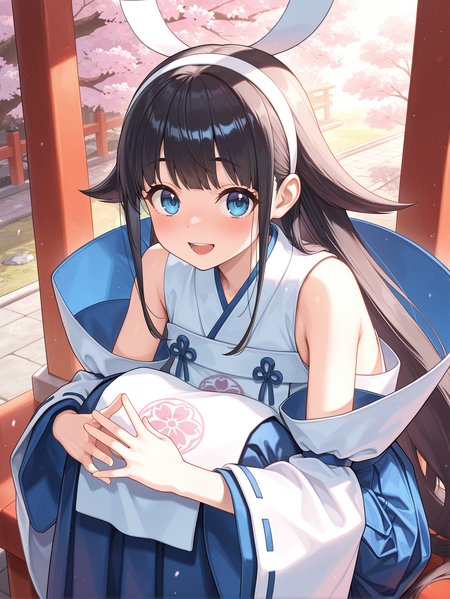 shinonome the vaylantz priestess, 1girl, solo,, blush, looking at viewer, open mouth, sidelocks, smile, white hairband, white ribbon-trimmed sleeves, white sleeveless kimono, blue hakama skirt, white breast curtain, knees to chest, knees under clothes, from above, cherry blossoms, 
masterpiece,best quality,amazing quality,very aesthetic,absurdres,newest,scenery,extreme detail,8k,light particles,soft lighting,volumetric lighting,intricate details,finely detailed,detailed eyes,<lora:Shinonome the Vaylantz Priestess illusXL v1.1:0.75>,