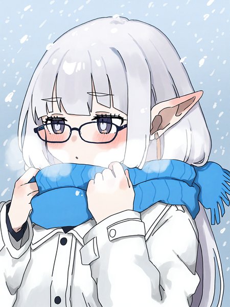 <lora:zzz3d_vpred:0.8>,
nknk.ngrms2525, <lora:ã¬ãã¬ãã«ãããã_Style_for_Noobai:0.8>,
1girl,solo,fern (sousou no frieren),blush,adjusting scarf,snow,snowing,breath,white jacket,blue scarf,,black-framed eyewear,bespectacled