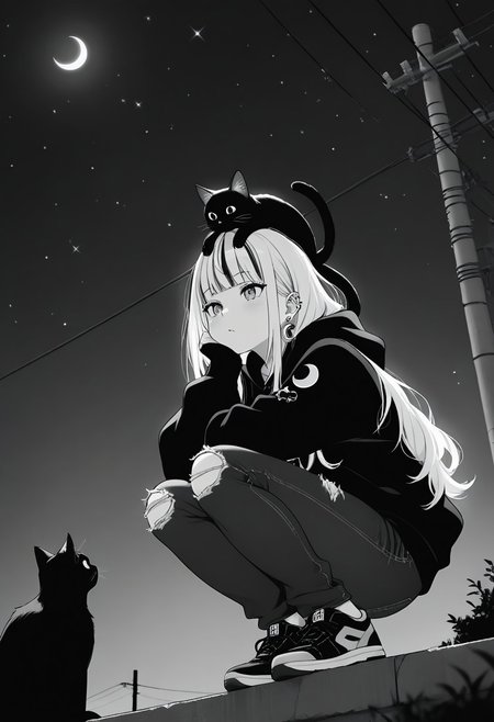 masterpiece, best quality, amazing quality, LDSCH, aesthetic, 1girl, crescent_moon, cat, virtual_youtuber, animal_on_head, on_head, long_hair, moon, sneakers, sky, shoes, power_lines, solo, cat_on_head, squatting, pants, bangs, hood, jewelry, night, earrings, outdoors, utility_pole, torn_pants, torn_clothes, star_\(sky\), ear_piercing, piercing, hoodie, head_rest, animal, black_cat, hair_behind_ear, jacket, monochrome, starry_sky, night_sky, torn_jeans, sitting