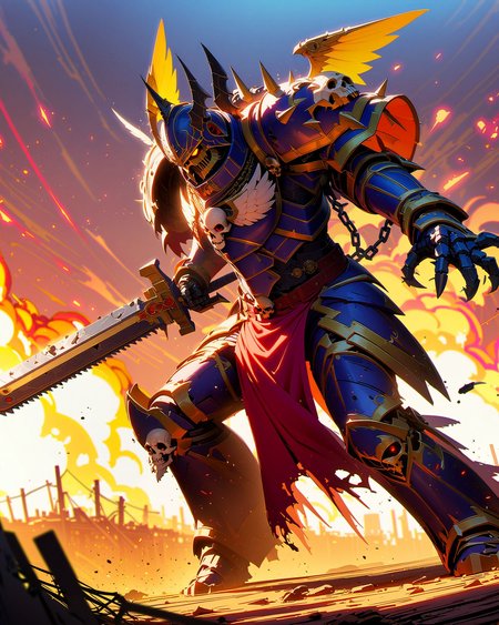 Generate a stunning art style, a true [masterpiece] [best quality] of art. The image showcases [detailed linework], [dynamic shading], and [dramatic lighting], bringing to life a [dreading atmosphere, grim dark coloures] . In the background a [gothic hive city, siege, explosion, warhammer 40k] is to be seen in [grand:1.8, high-scale:1.8, panorama:1.8] from [from below]. Night lord, is (solo:1.5), (full body:1.5), (charging forward) through wall. It is wearing [(winged helmet:1.4), skull ornament, spike ornament, ragged armor, full armor, pauldron, bone ornament, armor adorned with severed human hand, human skull, ragged pelvic curtain, chains, bronze trimming]. He is holding [40kchainsword]. In the background are [death, dead bodies, carcass, bloody face] to be seen.
<lora:Astartes:0.8>  <lora:add-detail-xl:0.8>  <lora:Bad_Hands_lora:0.8>  <lora:Chainsword_-_Warhammer_40000_SDXL:0.4>