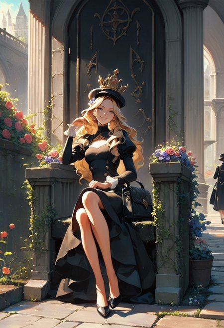 score_9, score_8_up, score_7_up, oil painting style, colorful pencil drawing, 1girl, arch, bag, black dress, dress, full body,  hat, hat flower,  jewelry, long sleeves, looking at viewer, outdoors, pavement, puffy sleeves,long hair, smile, royal dress, crown, sitting on throne,