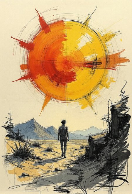 Text is part of the track "Burning Sun by Monolink" 
colored sketch in the style of ck-ccd,
I dreamt I had a dream out in the desert
Lying naked underneath a liquid sky
I had no past as time was moving backwards
Just the burning sun reflected in my eye
I crawled onto an island made of plastic
Where every life's condemned to be undone
Take me back to where it all once started
Take it all back home to the yellow burning sun
And then I dreamt I fell in love with every heartbeat
I got up from my knees and learned to run
I saw things be born, and I saw things are dying
In the haze of the yellow burning sun
