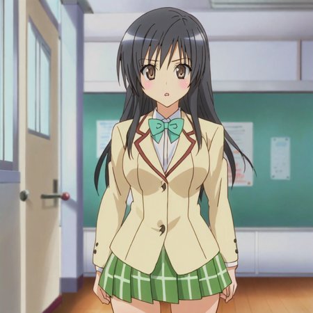 <lora:YuiToLoveRu_pony_v1:.8>  Yui, 1girl, school uniform, long hair, brown eyes, black hair, blazer, jacket, bow, plaid skirt, cowboy shot