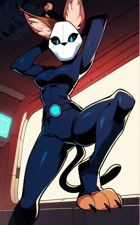 score_9, score_8_up, score_7_up,((best quality)), absurdres, <lora:BolivanteStyle:0.3>, mask,white mask, blue eyes, black sclera, animal ears, furry, female furry,bodysuit, toeless, fingerless, tail, belt, <lora:KaraMWPXL-03:0.9>,KaraMWPXL, cat tail, skin tight,slim,featureless mouth,action pose, inside, futuristic,