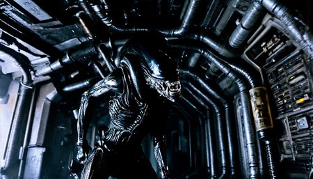 nostromo style,
alien xenomorph stalking,
spaceship interior, panels, pipes along ceiling, pipes along floor, pipes along wall, textured wall, greebles, giger details, hallway, pipes, dimly lit, science fiction, horror,

extremely detailed:1.2, sharp:1.2, bold outlines,

sharp focus, detailed face, clear eyes, Detailed perfect hand