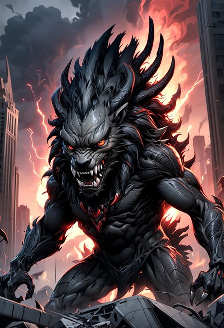 A Giant black lion Fenrir, protruding from gigantic city, fire emanates from its mouth, webbed wings, steel claws, horns, red eyes, angry, anger,1lion, feral, (((lion king head))), (((solo))), demonic, necromancy, xenomorphic skin, xenomorphic toes, focus, red eyes, demonic  angry, anger, realistic illustration, 4K, detail, apocalyptic, lightning, darkened sky. Background shapes mimic the blurred motion of the surroundings, creating a sense of urgency and excitement. The overall atmosphere is energetic and vibrant, capturing the essence of competition and speed in a modern, artistic style. Hyper-detailed digital art, contemporary and dynamic, vibrant colors, highly detailed, 8K resolution.
style of greg rutkowski, janek sedlar, jenny saville:0]  <lora:vivid_everclear:0.35>  <lora:Sinozick:0.35>  <lora:MJ52:0.35>