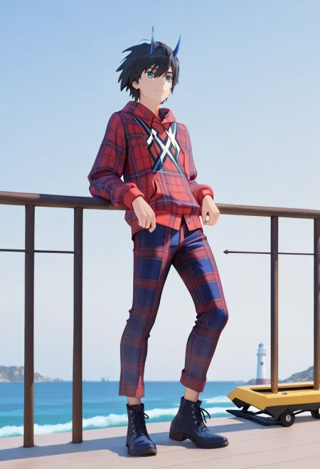 masterpiece, best quality, intricate details, (3d:0.4), , 1boy, solo, male focus, <lora:hiro_franxx_ilxl:0.96>, hiro_franxx, black hair, blue eyes, bangs, blue horns, oni horns, lighthouse, rocky coast, leaning against railing, wind tousled, dreamy expression, soft light, Plaid trousers, Plaid flannel hoodie, Wingtip shoes, ,