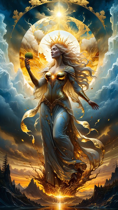 a masterful digital fantasy painting in the style of Greg Rutkowski Dan Mumford and Caspar David Friedrich,  alcohol ink, thick outlines, gold leaf,  the gargantuan goddess mother earth rising up from the ground to punish those who have disrupted and stained her, masterpiece, 8k, award winning, high quality, best quality, cinematic, extremely detailed, intense lighting, epic,  <lora:xl_more_art-full_v1:0.6>  <lora:SDXLFrosted:0.4>  <lora:MJ52:0.4> <lora:add-detail-xl:1>  <lora:SDXLAuroraStyle:0.2>  <lora:extremely_detailed:1.3>