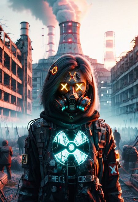 4D render, Chernobyl disaster, nuclear , Russia, Apocalypse,girl, detailed face, portrait, glowing x, minimalist outfit, anti social , ,cyberpunkartstyle,ruined ancient city,Professional styling, intricate details,8k post production, faithful, Religious denomination,