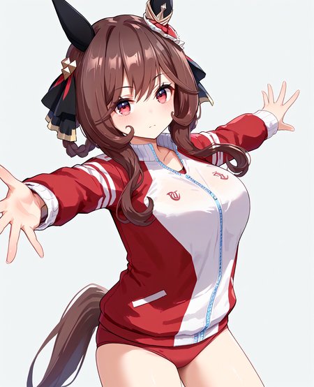 score_9, score_8_up, score_7_up, 1girl, (looking at viewer:1.2), (open mouth:0.6), expressionless,, , simple background,, (outstretched arms:1.2),, (,:1.2),
gentildonna \(umamusume\), <lora:pony_gentildonna_v1.01:1>, horse ears, horse tail, breasts, (large breasts:0.7), (brown hair:0.5),
<lora:_sdxl-um-tracenjersey-pony:0.6>, red jacket, track jacket, , tracenjerseyburuma, red buruma,,,